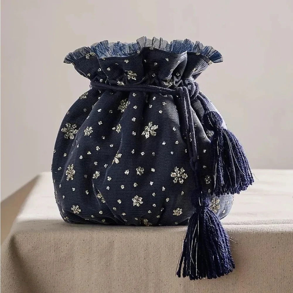 Free People New NWT Seasons Sparkle Gift Sack blue Silver snowflake gift bag
